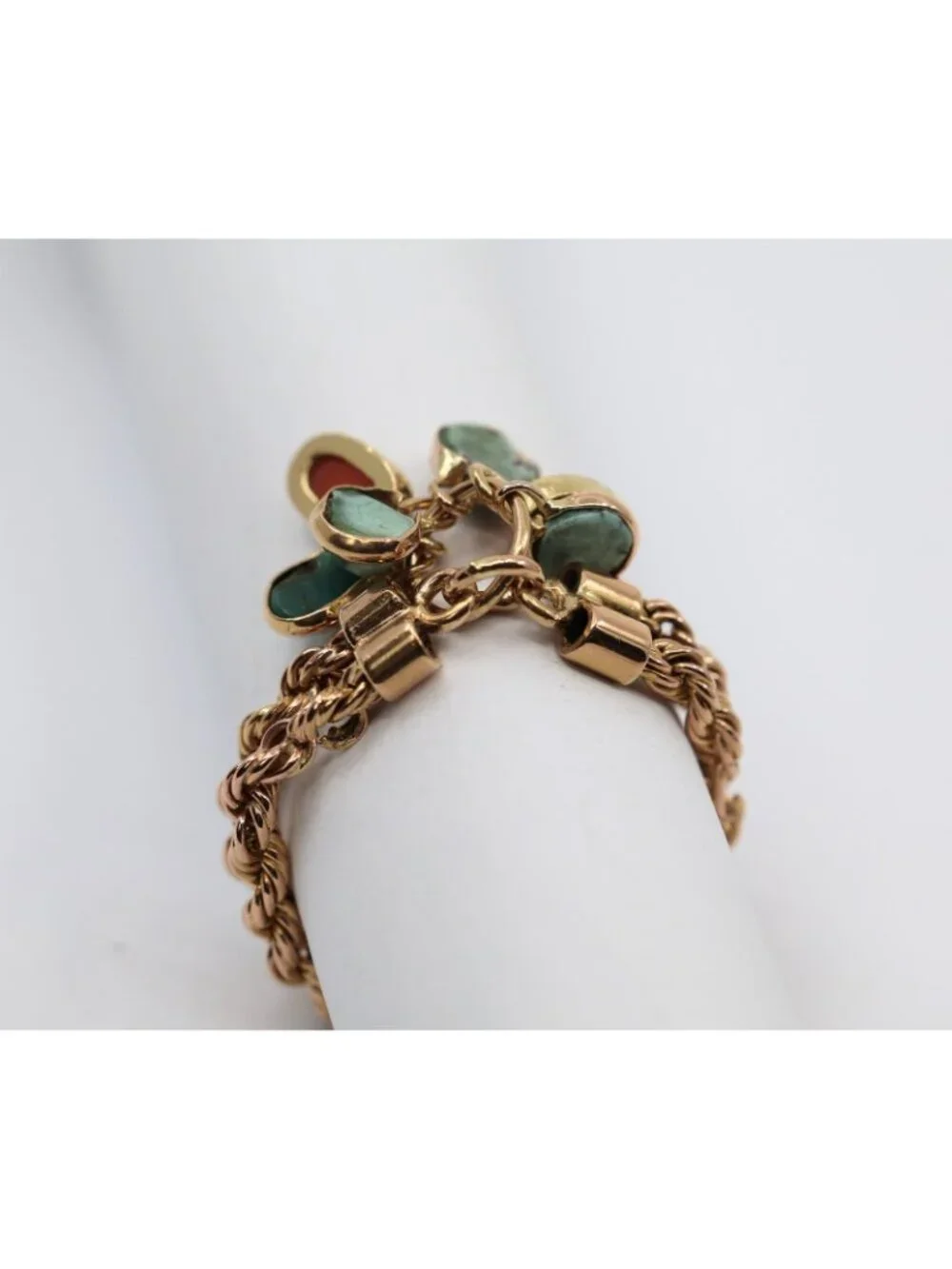 18K Solid Yellow Gold Coral & Turquoise Dangle Double Rope Chain Ring -Size 9.50